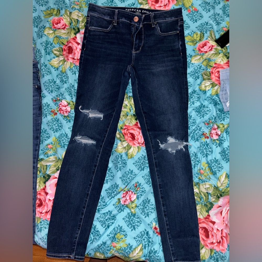 American Eagle Outfitters Dark Blue Ripped Skinny Jeans